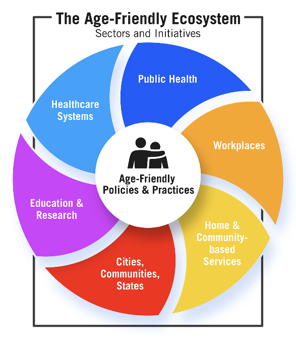 The Age-Friendly Ecosystem Sectors and Initiatives outlined in a circle of Age-Friendly policies and practices which are: public health, workplaces, home & community-based services, cities communities states, education and research, and healthcare systems.